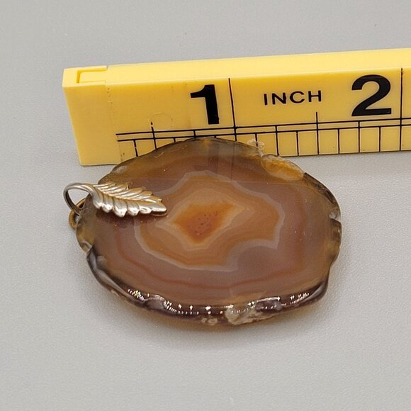 Large Brown Agate Slice Pendant Natural Pattern Silver Tone Necklace Craft - Picture 6 of 7